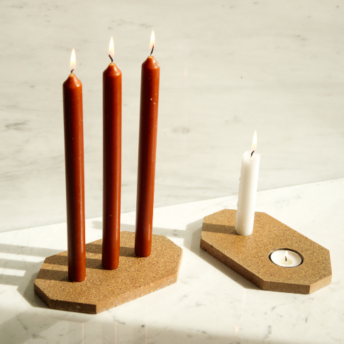 TERRA ceramic tile hexagonal candleholders with burning candles 